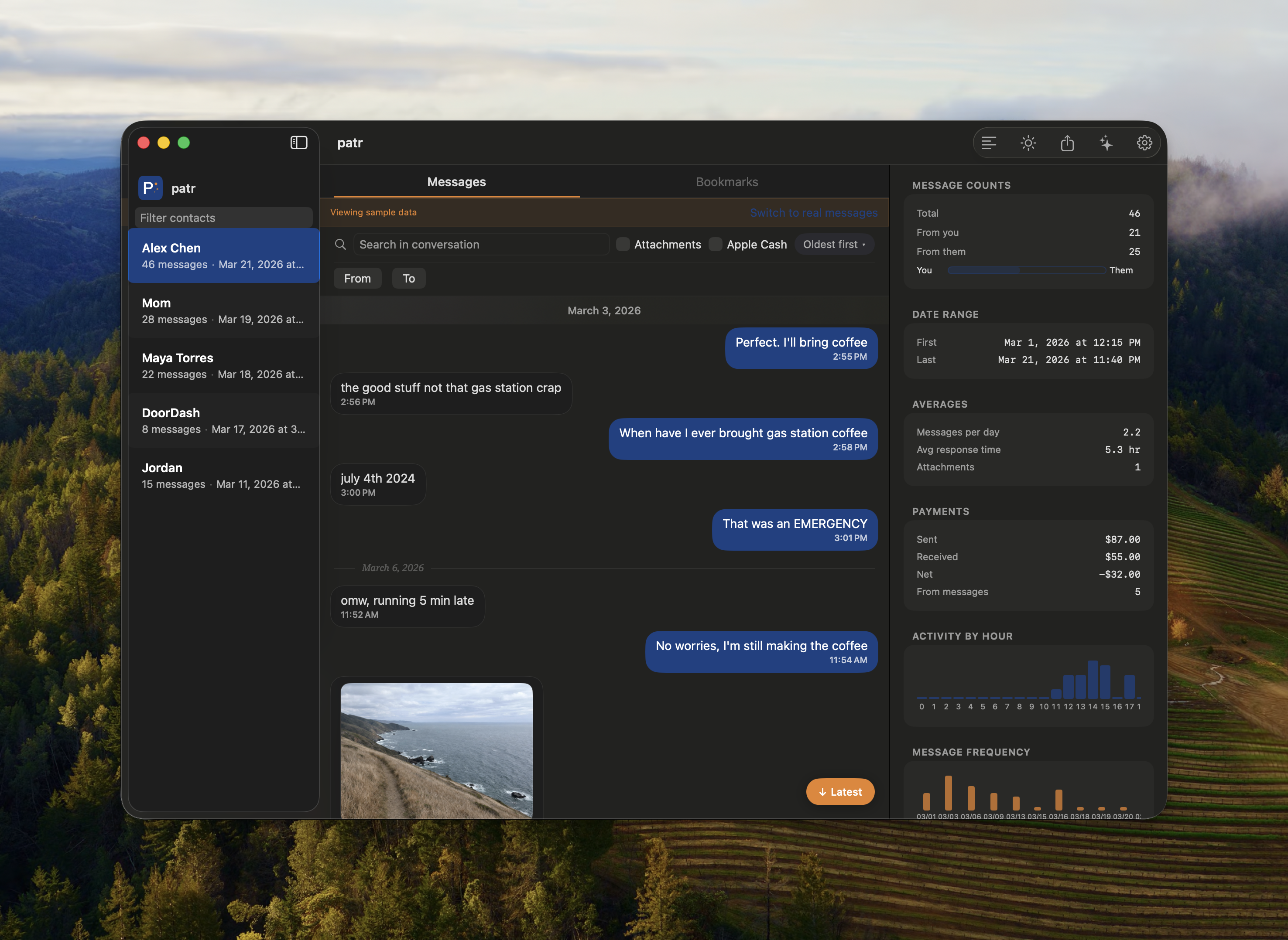 Patr app showing conversation view with messages, search, bookmarks, payment tracking, and conversation statistics